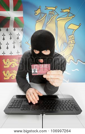 Hacker With Flag On Background Holding Id Card In Hand - Saint Pierre And Miquelon