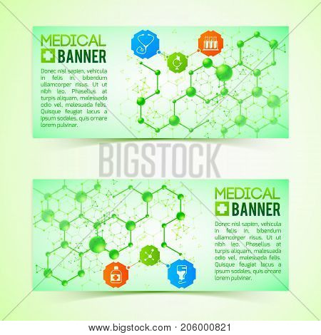 Pharmaceutics and pharmacy horizontal banners set realistic isolated vector illustration