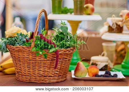 Fresh Parsley Products, Lettuce Leaves In A Wicker Basket On Sale At The Local Farmers Market.