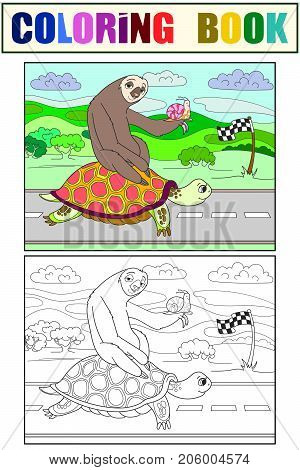 Long Journey, speed. Three friends went on a long trip. Sloth and snail riding a turtle. Vector cartoon coloring book.