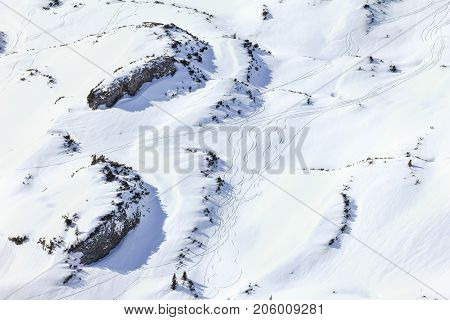Snow mountains winter landscape at Ifen ski resort. Mountain station hut with ski slope and cablecar. Bavaria, Germany.