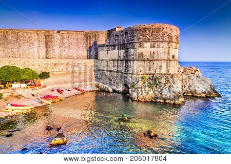 Dubrovnik Croatia. Spectacular picturesque view on the old town of Ragusa and Adriatic Sea coastline.