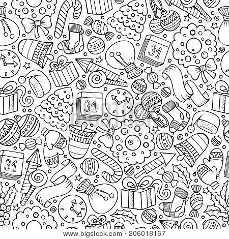 Cartoon cute hand drawn Xmass seamless pattern. Line art with lots of objects background. Endless funny vector illustration