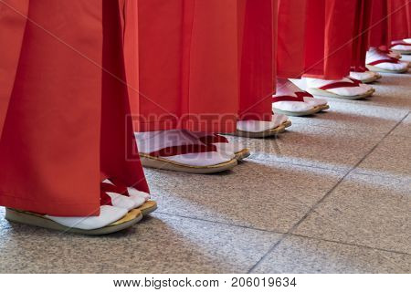 Hiroshima, Japan -  May 27, 2017: Manto Mitama Matsuri at the Hiroshima Gokoku-jinja Shrine, the spectacle of 100 shrine maidens dancing by lantern light 