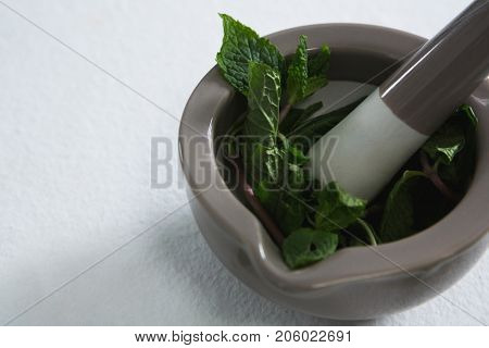Holy basil in mortar pestle on white background