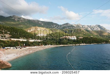Kamenovo beach in Rafailovici from above, Montenegro, Europe.