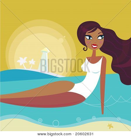 Günbatımı, deniz ve kadın yaz güneş Bronzlaştırıcı sahilde - Retro.