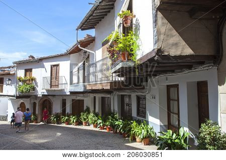 Guadalupe Spain - September 3th 2017: Guadalupe old town porticoed houses. Caceres Extremadura Spain