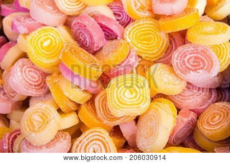 Close up Delicious Spiral Gelatin Sweets. Top view