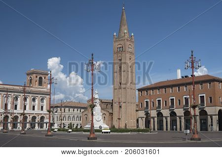 Forli (Emilia Romagna Italy): the Aurelio Saffi square with church of San Mercuriale and other historic buildings