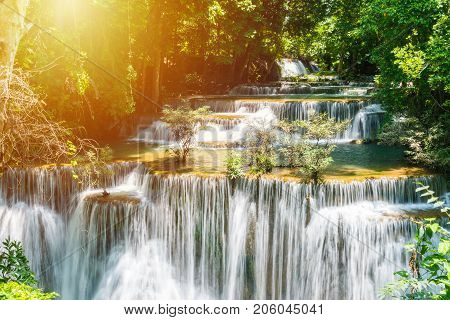 Huay mae khamin waterfall in khuean srinagarindra national park at kanchanaburi thailand