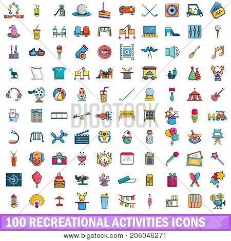 100 recreational activities icons set in cartoon style for any design vector illustration