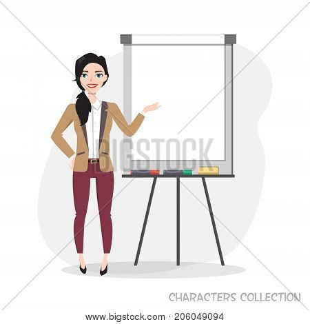 A women holds a presentation on flip chart. Vector illustration in a flat style.