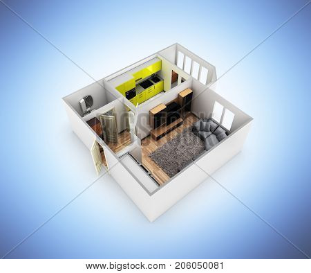 Interior Apartment Roofless Perspective View Apartment Layout On Blue Gradient Background 3D Render