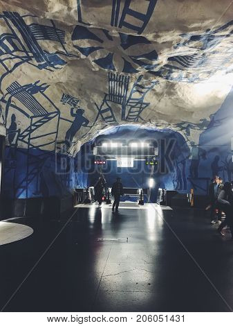 STOCKHOLM, SWEDEN - JUNE 10, 2017: T-Centralen tunnelbanestation Underground. Blue line, central station of the Subway