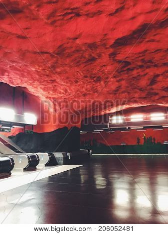 STOCKHOLM, SWEDEN - JUNE 10, 2017: Solna Centrum tunnelbanestation Underground. Station of the Subway