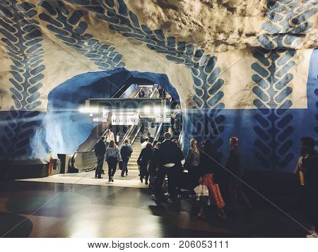 STOCKHOLM, SWEDEN - JUNE 10, 2017: T-Centralen tunnelbanestation Underground. Blue line, central station of the Subway