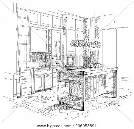 Contemporary modern interior hand drawing vector illustration.