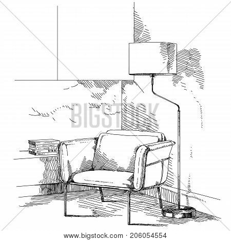 Contemporary modern interior hand drawing vector illustration.