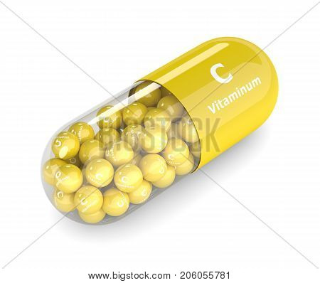 3D Render Of Vitamin C Pill With Granules
