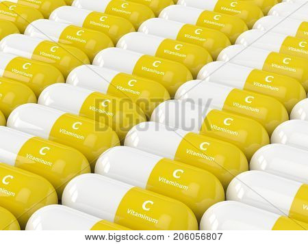 3D Render Of Vitamin C Pills In Row