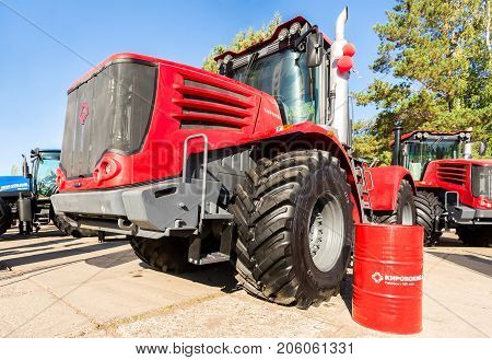 Russia Samara - September 23 2017: Modern agricultural tractors Kirovets K9450 exhibited at the annual Volga agro-industrial exhibition