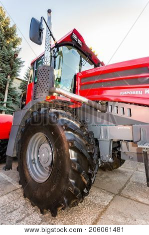 Russia Samara - September 23 2017: Modern agricultural tractor Kirovets K 4 exhibited at the annual Volga agro-industrial exhibition