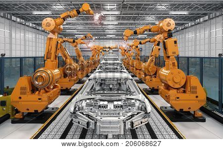 3d rendering robot assembly line in car factory