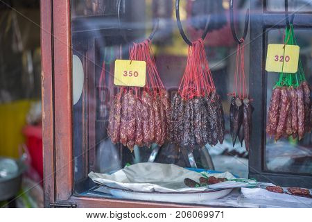 Hanging Chinese sausace Display of Chinese sausace front of store of China town Thailand