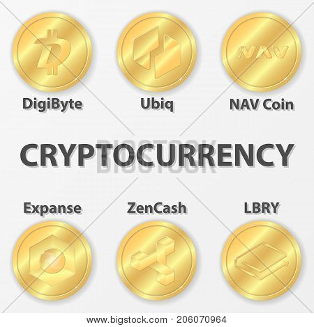 Set of 6 cryptocurrency icon. Golden zencash digibyte and etc