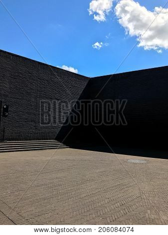 Poland, Gdansk - JUNE 12, 2017: Premise without roof, theater with gray walls in the open air