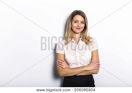 A Successful and nice businesswoman on grey background