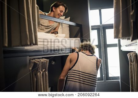 Caucasian men in hostel shared bed room