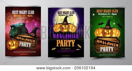 Halloween party flyer set with pumpkins, hat, pot and wooden board vector