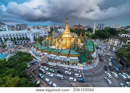 Yangon, Myanmar - September 26, 2016: Sule pagoda in Yangon, Myanmar