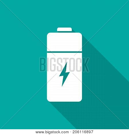 Battery icon with long shadow. Flat design style. Battery simple silhouette. Modern minimalist icon in stylish colors. Web site page and mobile app design vector element.