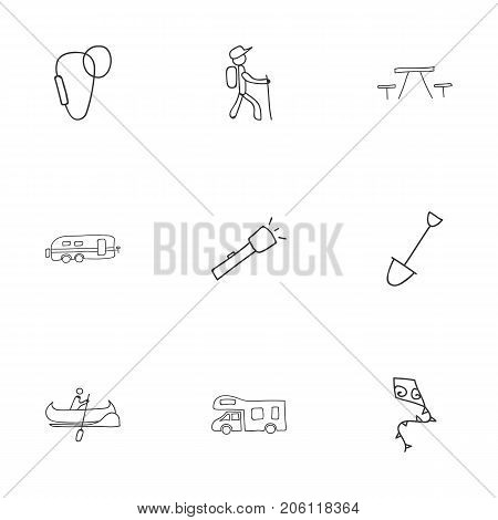 Set Of 9 Editable Trip Doodles. Includes Symbols Such As Picnic, Shovel, Caravan And More