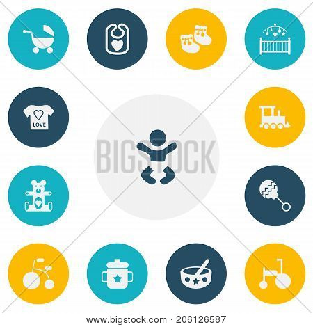 Set Of 13 Editable Infant Icons. Includes Symbols Such As Nursery, Stroller, Newborn Kid And More