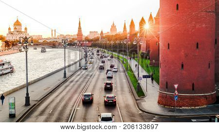 Sunset view of Moscow Kremlin and Moscow River in Moscow, Russia. Moscow architecture and landmark,