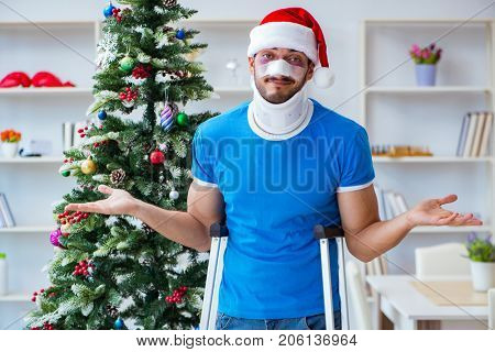 Injured man celebrating christmas at home
