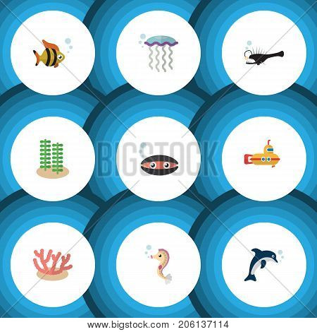 Flat Icon Sea Set Of Scallop, Fish, Periscope And Other Vector Objects