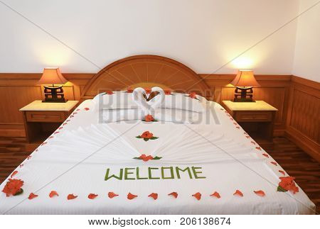 Hotel room prepared for romantic date