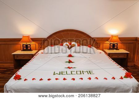 Hotel room prepared for romantic date