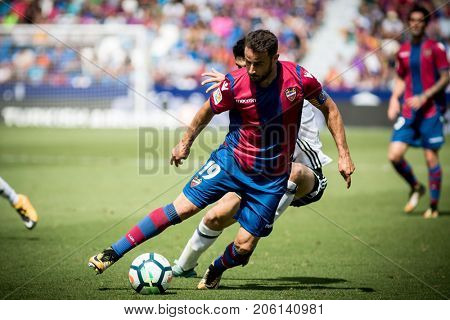 VALENCIA, SPAIN - SEPTEMBER 16: Pedro Lopez with ball during Spanish La Liga match between Levante Ud and Valencia CF at Ciutat de Valencia Stadium on September 16, 2017 in Valencia, Spain