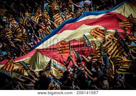 VALENCIA, SPAIN - SEPTEMBER 16: Supporters during Spanish La Liga match between Levante Ud and Valencia CF at Ciutat de Valencia Stadium on September 16, 2017 in Valencia, Spain