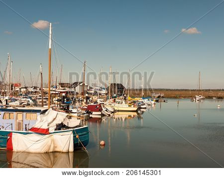 Boats Close Up Moored In Dock Harbour Tollesbury Maldon