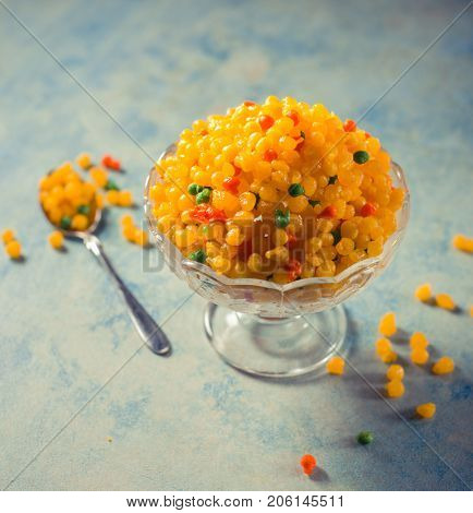 Sweet Boondi - a traditional Indian dessert or sweet served in a bowl.