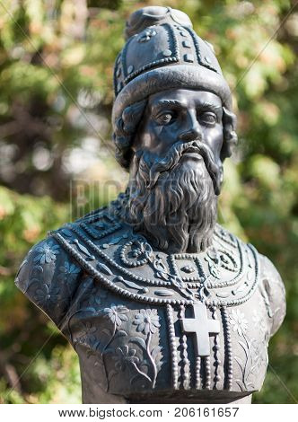 September 23 2017 Moscow Russia The bust of Tsar Mikhail Fedorovich Romanov made by Zurab Tsereteli on the Rulers Alley in Moscow.