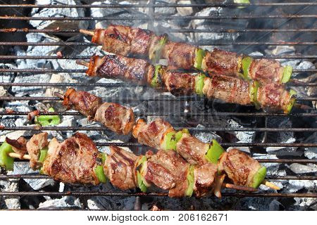 Beef brochette on the rack of a barbecue