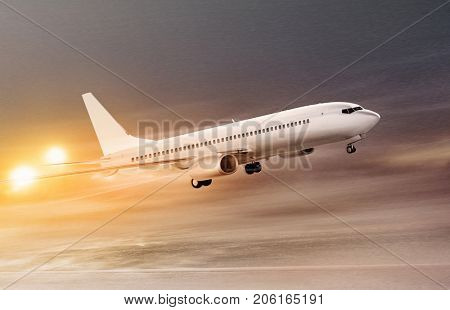 white plane taking off at non-flying weather, snowstorm